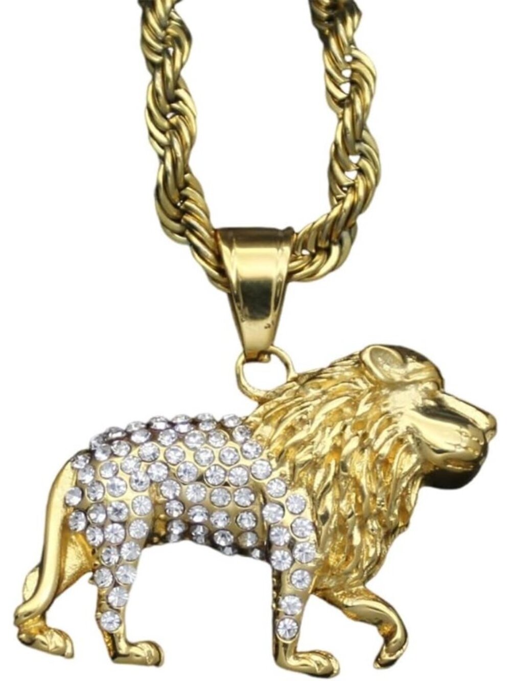 Two Tone Lion Pendant, Iced Out Lion Necklace for Men, Bling Lion Animal
